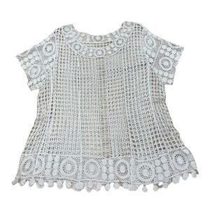 Women’s Medium Ivory Open Crochet Knit Pullover Sweater Top Boho-Chic Lagenlook